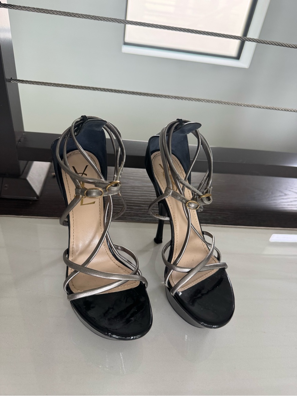 Yves Saint Laurent Black Patent and Metallic Strappy Stiletto Sandals